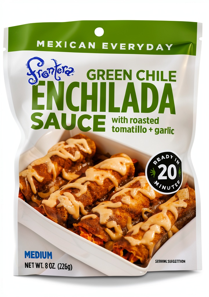 Frontera Green Chile Enchilada Sauce bottles displayed on a kitchen counter