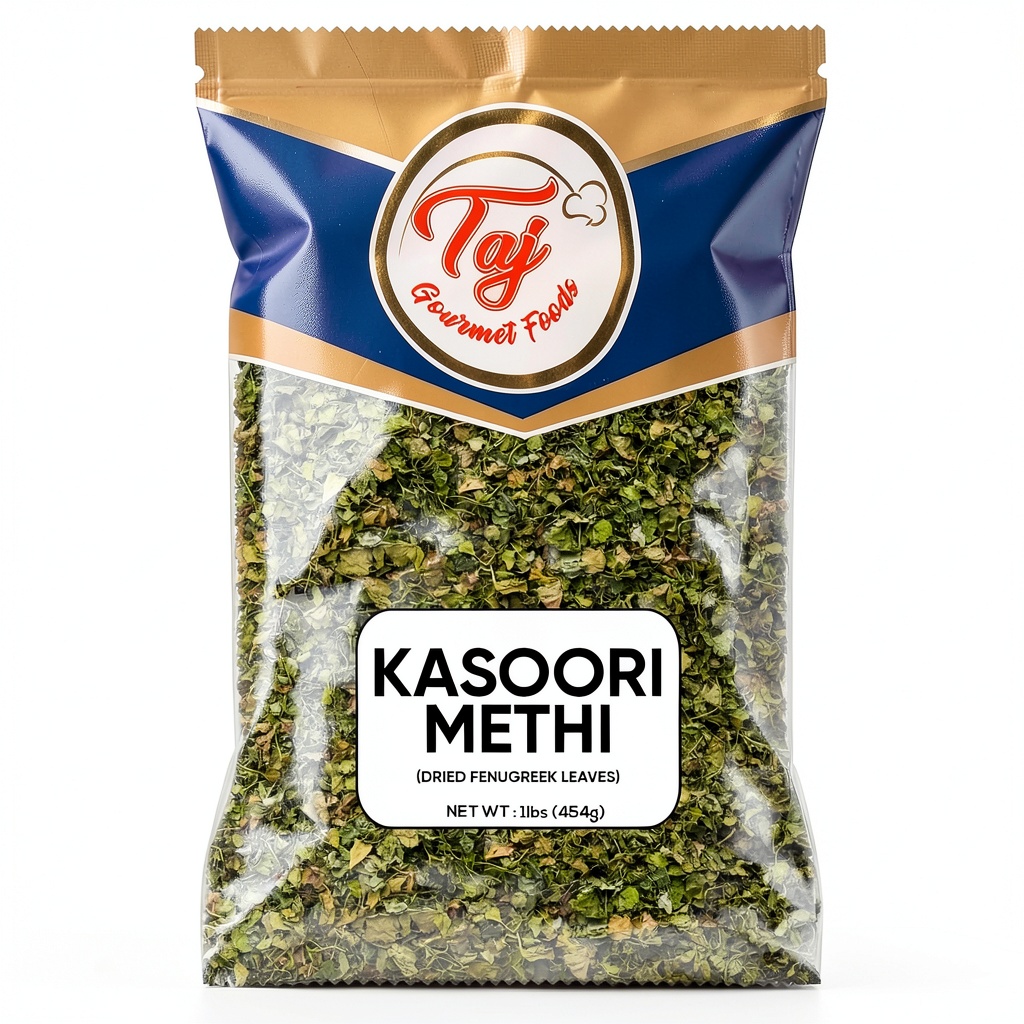 Gandhi Foods Fenugreek Leaves Dried Natural Indian Spice jar on a kitchen countertop, showing foil‑induction seal