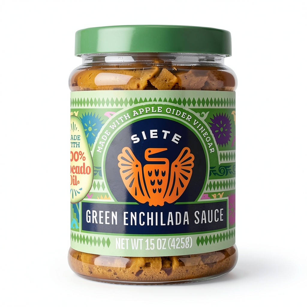 'Siete Enchilada Sauce bottle displayed with fresh ingredients'