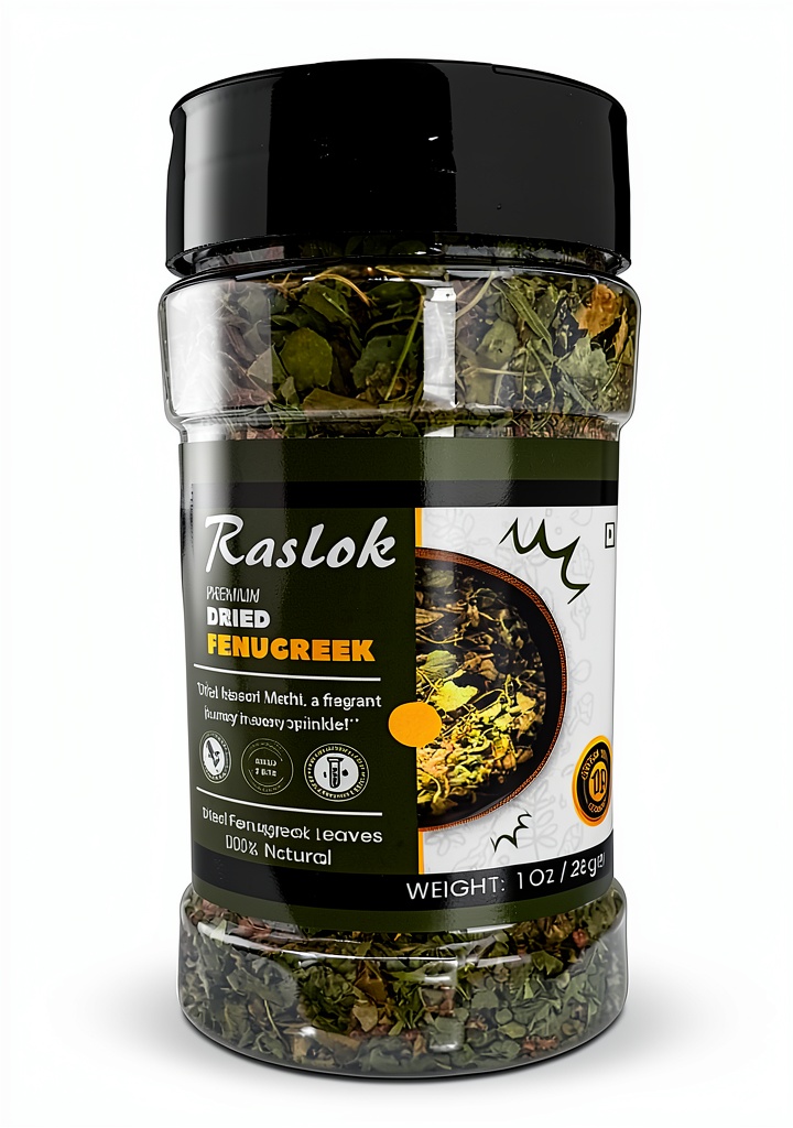 Raslok Fenugreek Methi spice jar on a kitchen counter