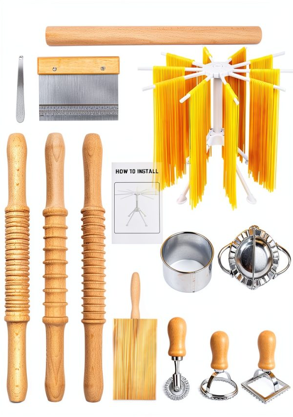 Manual Pasta Maker DigNew 13‑Piece Wood & Metal Kit-0